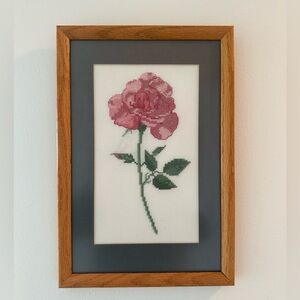 Vintage Wood Framed Cross-Stitch Pink Rose Needlepoint Wall Art